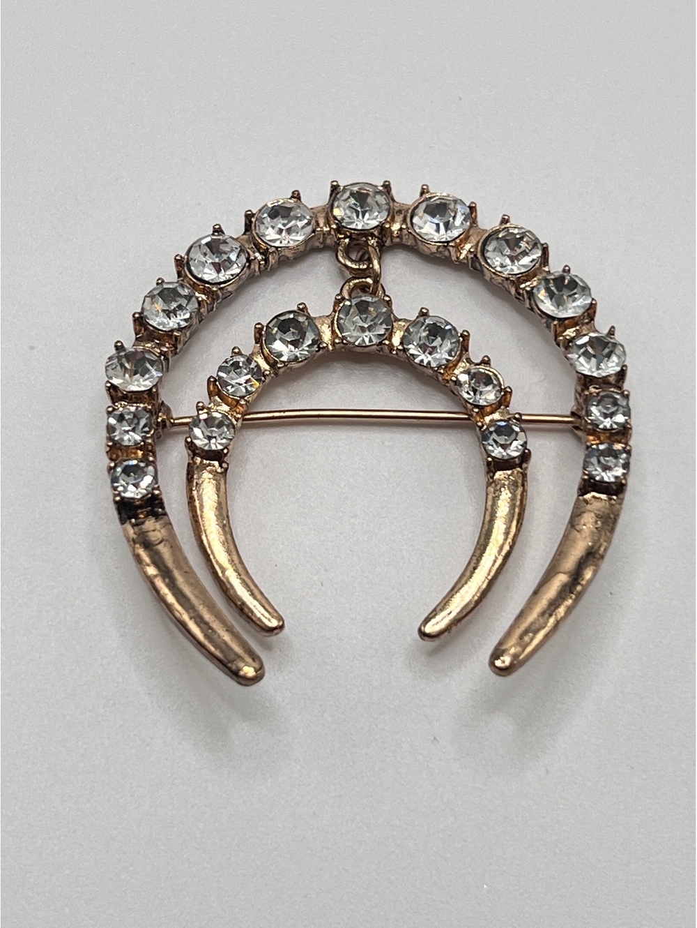 Free People Rhinestone Double Crescent Moon Gold Tone Brooch Pin